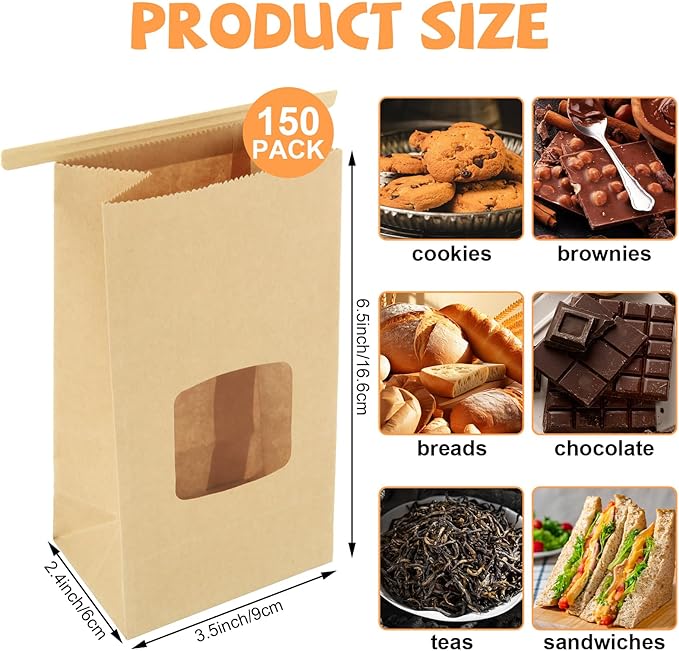 QTLCOHD 150 Pcs Small Bakery Bags with Window 3.54 x 2.36 x 6.7 Brown Tin Tie Tab Lock Kraft Paper Bread Bags for Cookies, Treat, Coffee, Pastry