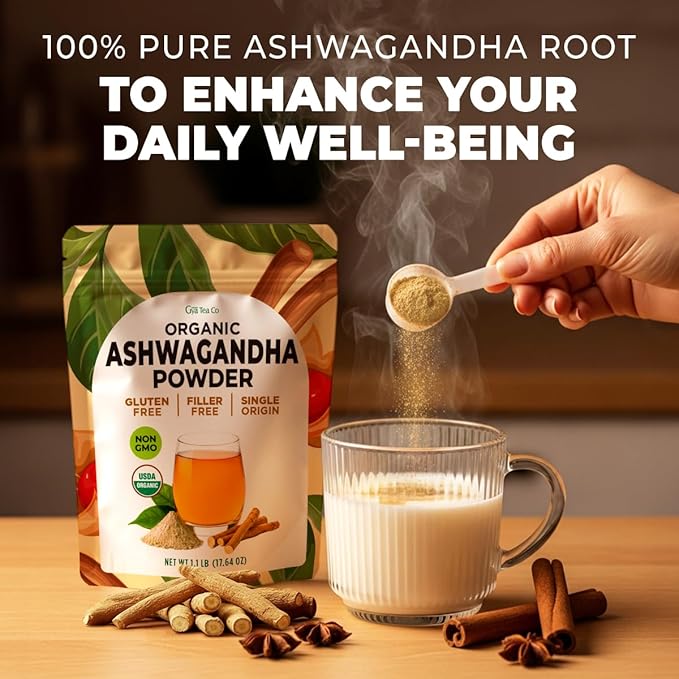 Gya Tea Co Organic Ashwagandha Powder 1.1 lb (17.64 oz) - No Sugar Added, Non GMO, Gluten Free - Great Flavor for Milk, Baking, Drinks, Smoothies & Cakes, Vegan Friendly