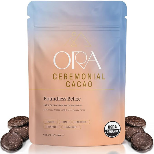 ORA Ceremonial Cacao - Boundless Belize - Organic 100% Cacao - Ethical - Regenerative - High Flavanol - Coffee Alternative - Better Energy - Heavy Metals Tested - Unsweetened - 16oz