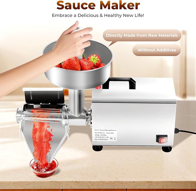 450W Electric Tomato Strainer, 304 Stainless Steel Tomato Mill Machine with Dia 4.8" Funnel, 50 Kg/H Pure Copper Motor Food Strainer and Sauce Maker for Tomato Sauce Silver 110V