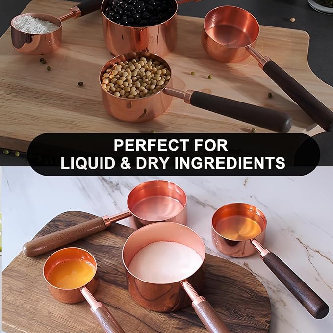 SHIKORI Gold Measuring Cups and Spoons Set with Wood Handles, Premium Stainless Steel Measuring Spoons and Measuring Cups Set-Rose Gold