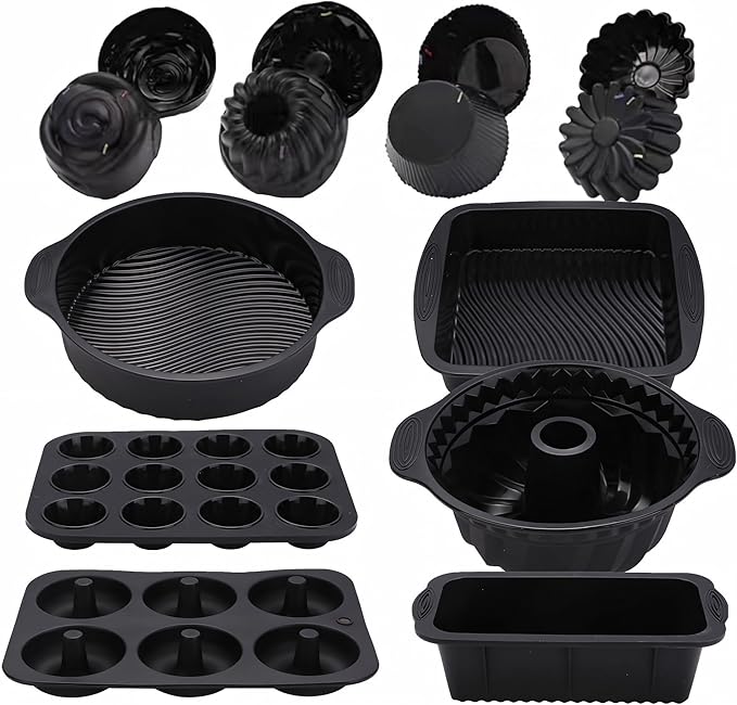 Silicone Baking Pans Set:30 in 1 Cake Baking Sheets,Cake Pans Sets for Baking Stable and Easy Demoulding,Donut Pan for Baking,Mini Bundt Cake Pans for Baking (Black)