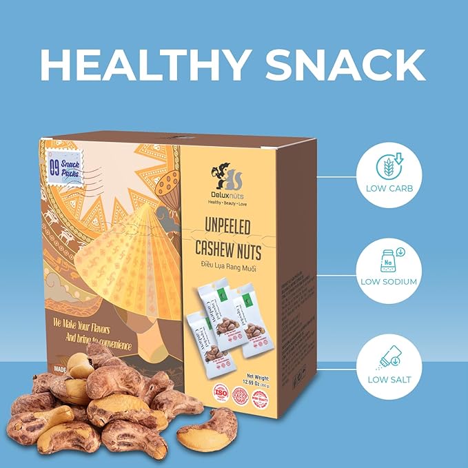 DELUXNUTS Salted Cashews with Skin (9 Packs), Whole Cashew Nuts, Individual Packs, Healthy Snack for Kids & Adults, Good Source of Protein, Gluten-Free