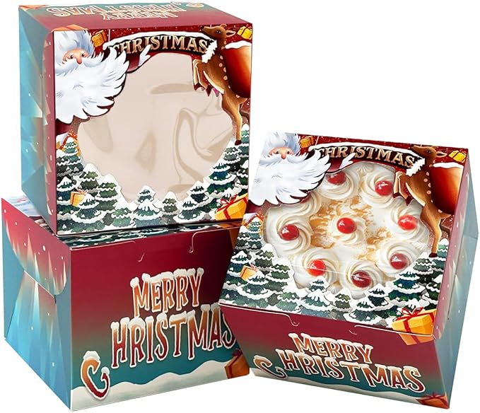 qiqee Christmas 8x8x5 Cake Box, 18 Sets Christmas Cake Box with Window ＆ 18 Sets 8" Christmas Snow House Cake Round Boards, 8inch Cake Containers