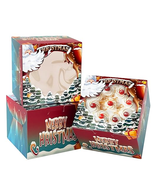 qiqee Christmas 10x10x5 Cake Box, 4 Sets Christmas Cake Box with Window ＆ 4 Sets 10 Inch Christmas Snow House Cake Round Boards, 10 Inch Cake Containers