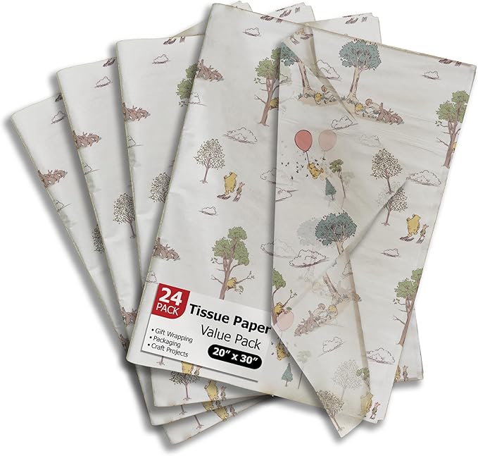Pro Supply Global Pooh Bear Printed Tissue Paper for Gift Bags or Boxes and Wrapping - Baby Shower Bulk Decorative Art Tissue Paper for Packaging and Gifting | 24 Sheets 20" x 30"
