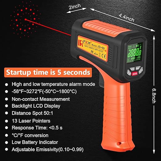 50:1-58°F ~3272°F FKM Infrared Thermometer High Temperature Gun,Non Contact Digital IR Temp Gun,High Precision Laser Thermometer Gun for Cooking,Kilns,Forges,Engine,HVAC,Industrial and Home Repair