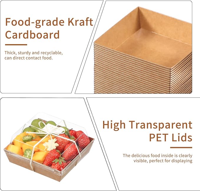 100pcs Smal Charcuterie Boxes with Clear Lids - Disposable Food Containers for Desserts,Boxes for Sandwich, Cake Slice Packaging, Fruit,Salad,Perfect for Bakery Treats,(Brown, 5.3 * 4.9 * 2.5 in)