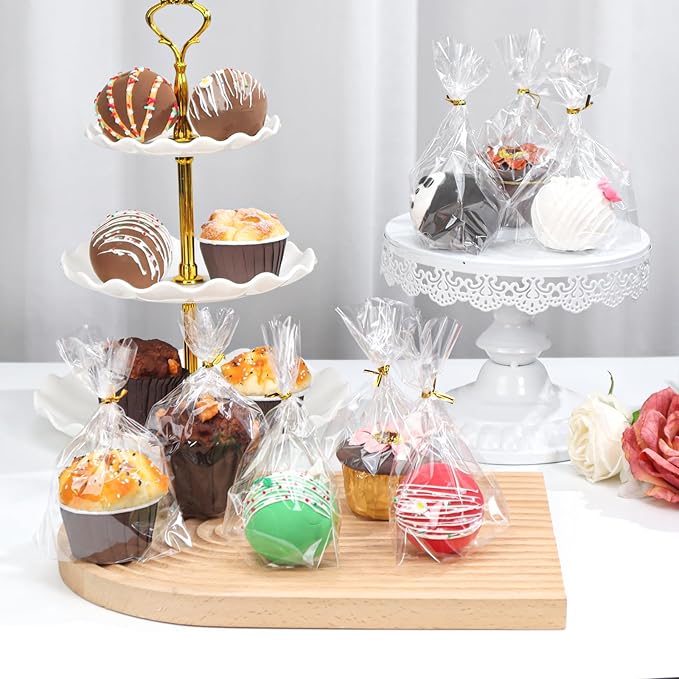 100 Pack 5"×2"x6.5" Cellophane Muffin Bags with Gold Twist Ties Pro Grade Flat Bottom Design for Cupcakes, Macarons & Chocolate Treats (Fits Cookies, Strawberries) Reusable Resealable Bakery Packaging