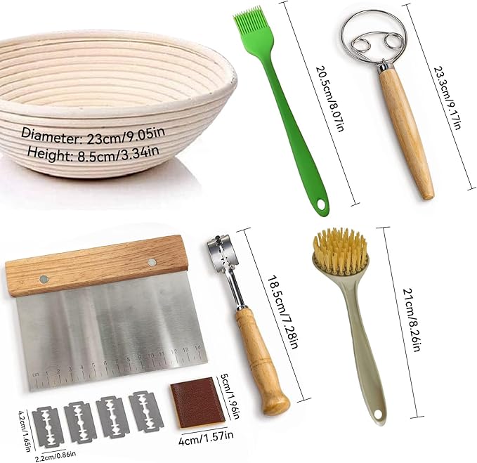 Banneton Bread Proofing Basket Sourdough Bread Baking Supplies, Sourdough Starter Kit with 9" Round, Bread Making Supplies Tools, Bread Lame, Sling, Spatula, Scraper, Dough Whisk