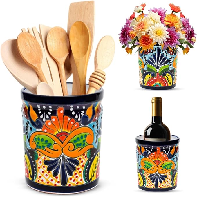 Utensil Holder For Counter Extra Large Utensil Holder, Mexican Talavera Pottery Kitchen Decor, Drawer Organizer, Spoon Holder, Ceramic Mexico Decor for Home Spatula Holder, Mexican Vase, Spoon Rest
