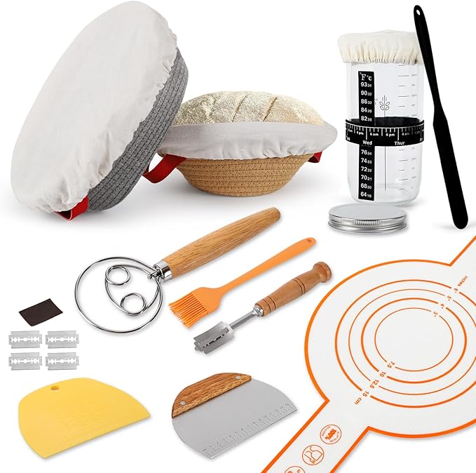 Sourdough Starter Kit, 9" Round & 10" Oval Cotton Rope Banneton Bread Proofing Basket, Sourdough Bread Baking Supplies Set - Bread Lame, Sling, Bread Whisk, Dough Scraper, Sour Dough Tools