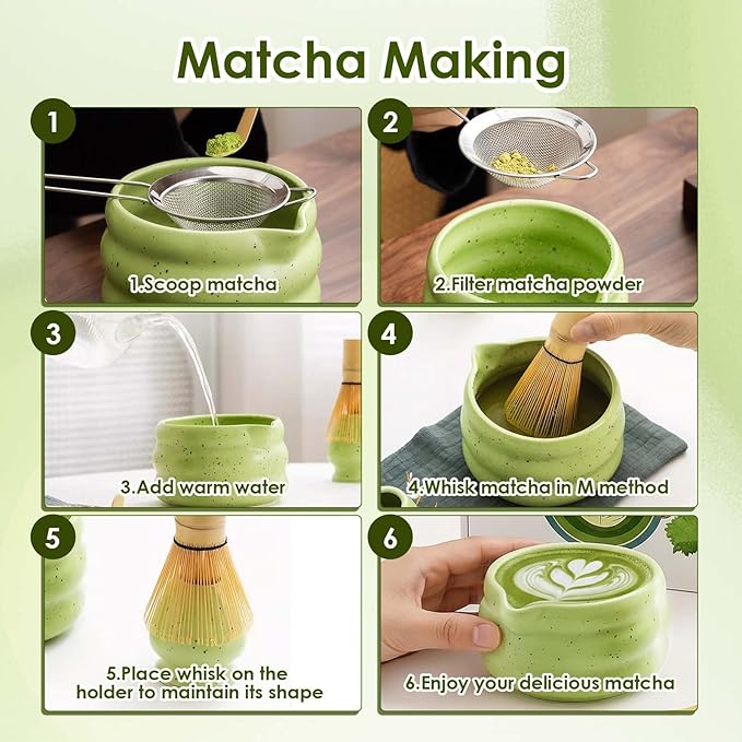 cjc Matcha Whisk Set, 7-Pcs Matcha Set for Gift- 18 oz Ceramic Matcha Bowl with Spout, Bamboo Whisk, Scoop, Holder, Sifter ect.,Japanese Ceremony Kit for Matcha Lover Beginner/Green
