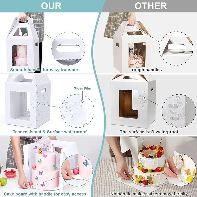 Tall Cake Boxes for Tier Cakes with Cake Boards 4 Pack 12x12x14 Inch Large Tiered Cake Carrier Containers with Window for Wedding Birthday Bakery