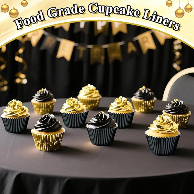 200PCS Black and Gold Cupcake Liners Mini Muffin Baking Cups Wrappers for Retirement Birthday Party Supplies Disposable Cupcake Papers for Black Golden Masquerade Party Decorations
