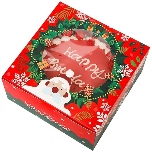 qiqee Christmas 10x10x5 Cake Box, 4 Sets Christmas Cake Box with Window ＆ 4 Sets 10 Inch Santa Cake Round Boards, 10 Inch Cake Containers