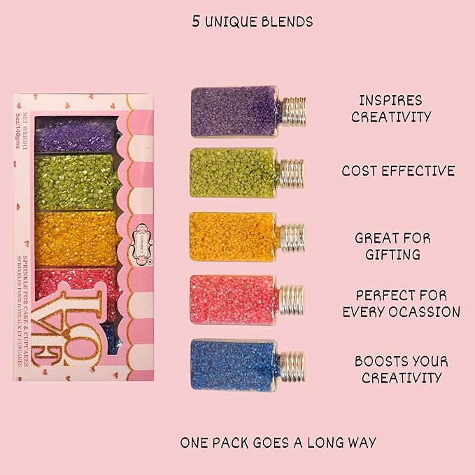 Confect Sparkling Sugar for Baking & Cake Decoration | Assorted pack of 5 Rainbow Sparkling Sugar Sprinkles Mix Purple, Parrot Green, Yellow, Bright Pink & Poppy Blue | Vegan, Gluten-Free, Nut-Free, Soy-Free, Dairy-Free, Palm Oil-Free - 5 Oz
