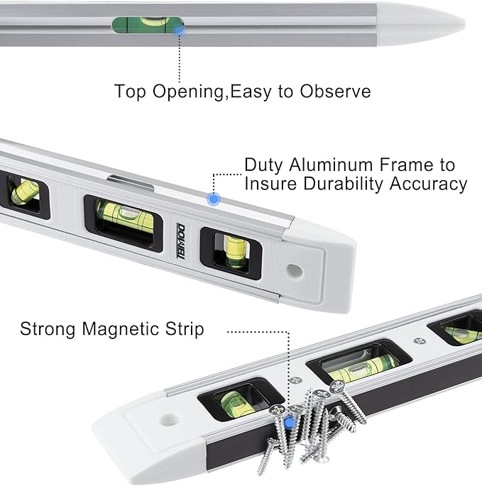 DOWELL Magnetic Torpedo Level Mini Bubble Level Box Spirit Level Alloy Frame 180/90/45 Degree 9-Inch (2, White)