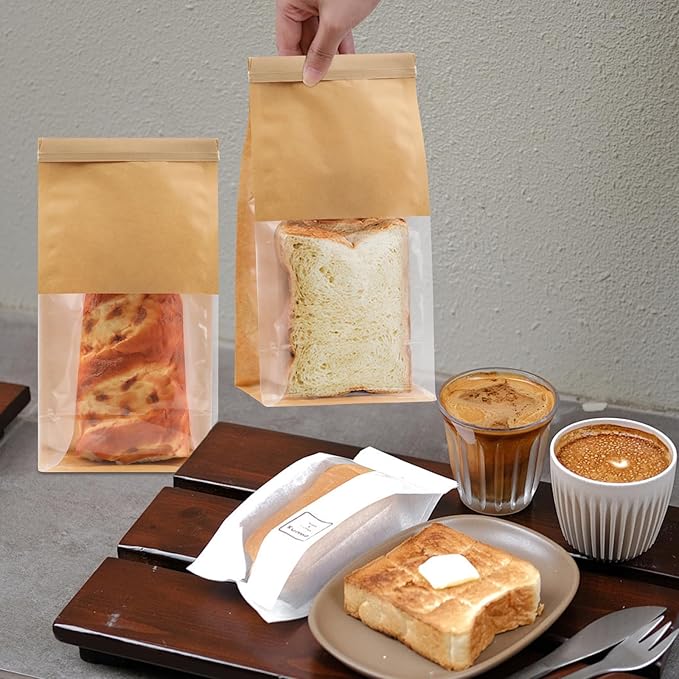 50Pcs Bakery Bags with Window, 5.1 x 3.9 x 11 Inches Kraft Paper Cookie Bags, Resealable Tin Tie Tab Lock Bags for Packaging, Bread Storage Bags, Coffee Bean Bags, Candy Bags