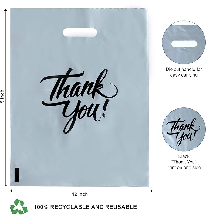 Infinite Pack Thank You Merchandise Bags, Die Cut Handles, Retail Shopping Bags for Boutique - Choose Color & Size