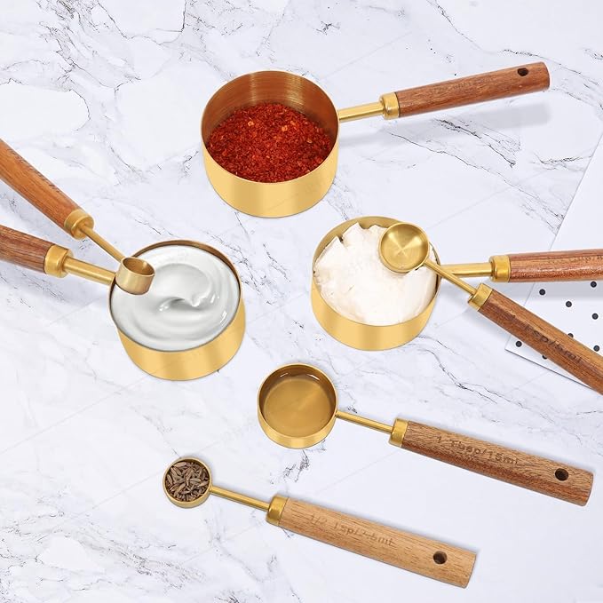 Gold Measuring Cups Set of 8, US Measurements with Metric and Fragrant Wood Handle, Stainless Steel Measuring Cups for Kitchen, Cooking, Baking, Dry & Liquid