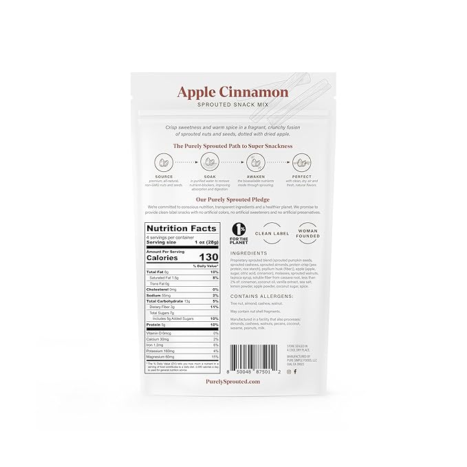 Purely Sprouted Apple Cinnamon Snack Mix - Almonds, Cashew Nuts & Pumpkin Seeds - Non-GMO, Plant-Based Protein, Gluten Free, Vegan, 4 oz