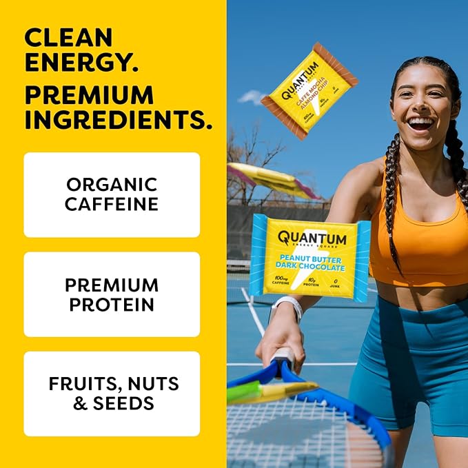 Quantum Energy Square: Energy Bar with Caffeine & 10g Protein. Delicious Healthy Snack On The Go. (Vegan, Gluten-free, Soy-free, Dairy-free) (Caffe Mocha Almond Chip)