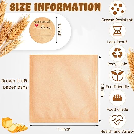 Outus 30 Pcs Cookie Packaging Bags with Seal, 7.1 x 7.5 Inch Bakery Pastry Bags with Window, Heat Sealable Grease Resistant Paper to Go Bake Sleeves for Gift Giving Donut Bread Sandwich (Brown)