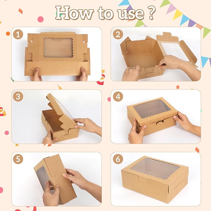 12 Pack DIY Assembly Brown 8x6x3inches Cookies Boxes with Window Bakery Boxes Macaron Boxes Small Treat Boxes Chocolate Truffle Boxes