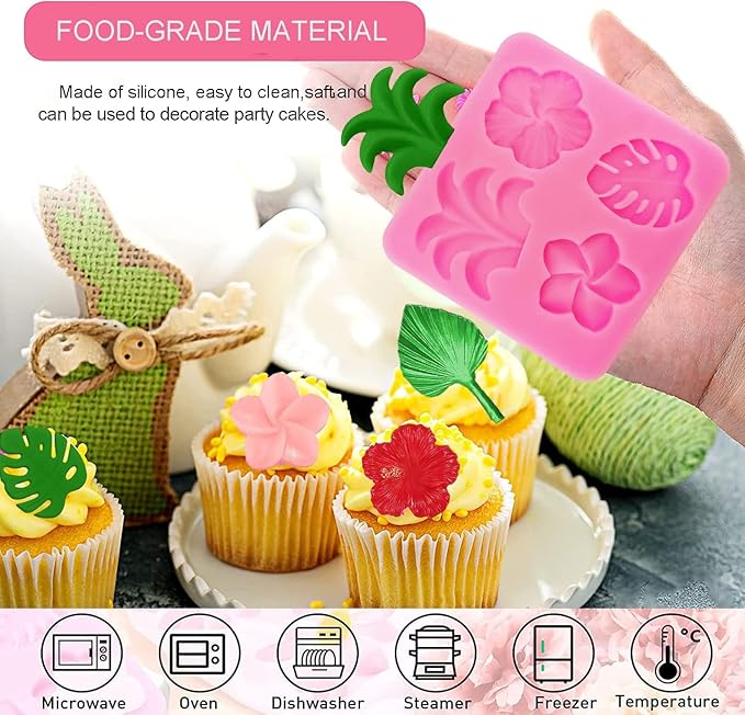 8Pcs Tropical Flowers Leaves Mold, Flower Silicone Chocolate Mold Plumeria Hibiscus Flower Monstera Palm Leaves Fondant Molds for Chocolate Candy Gum Paste Hawaiian Party Baking Cakes Decorating