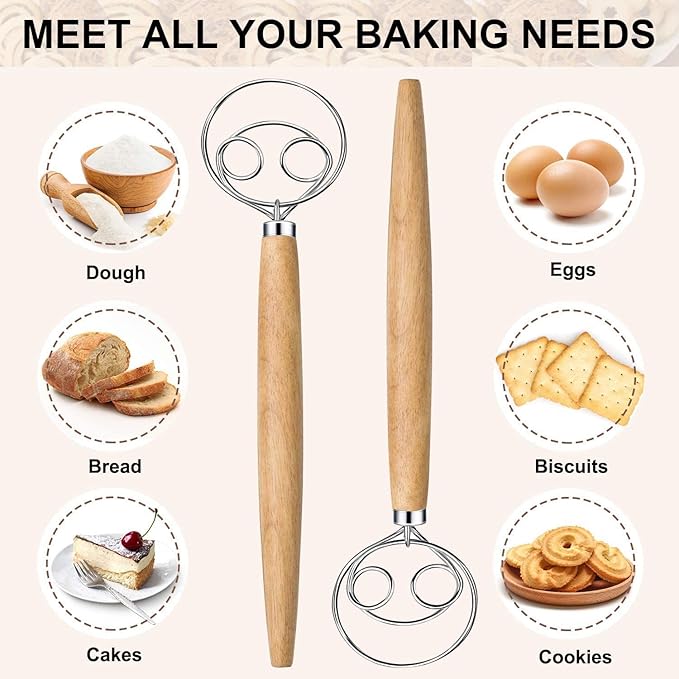 2 Pack Premium Danish Dough Whisk Set, Food-grade Dough Whisks, Danish Dough Whisks. (Wood)