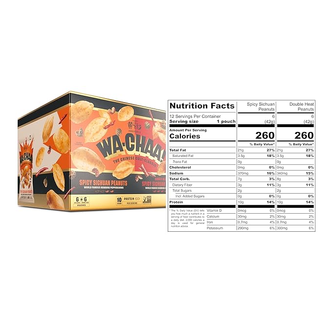 WA-CHAA! Spicy Sichuan Peanuts, Numbing Mala Peppercorns, Toasted Chili Flakes, Protein-Packed, Party Snacks, Non-GMO, On-The-Go Travel Size 1.5 Oz (12 Pack, Variety (6 Original, 6 Double Heat))