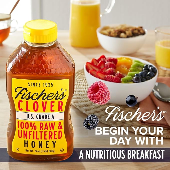 Fischer's 100% Pure Clover Honey – Unfiltered Raw Honey, 24 oz Squeeze Bottle – All-Natural Sweetener – Rich Flavor Profile, Packed with Nutrients