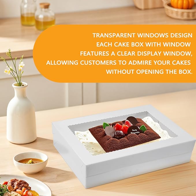 Aufind 18pcs Cake Boxes with Cake Board, 14x10x4 Inches White Bakery Boxes with Large Window for Quarter Sheet Cakes, Donuts, Cupcakes, Pastry & Pies