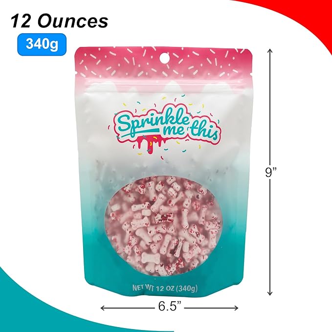 Bloody Bones Treat Toppers - 12 Oz Resealable Stand Up Candy Bag - White Candy Bone Shaped Sprinkles w/Red Splashes - Halloween Themed Sprinkles for Holiday Desserts and Snacks