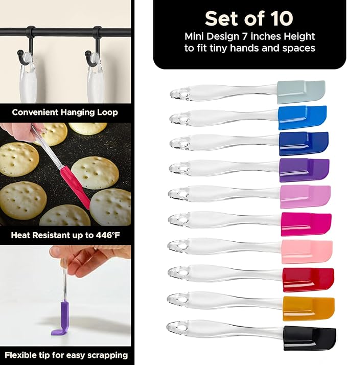 Mini Spatulas Set - 10 Piece Heat Resistant Silicone Spatula - Pro-Grade Multipurpose Kitchen Tool for Baking, Cooking, Mixing, and More - Non-Stick, Dishwasher Safe Bright and Colorful Small Spatula