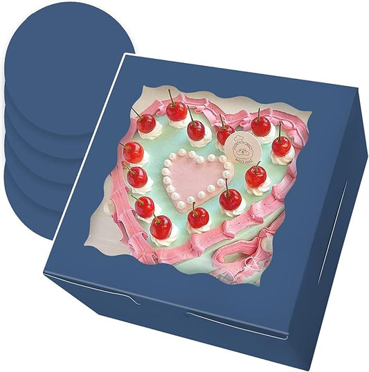 Bakepacker Ink Blue 8x8x5 Inches Cake Boxes with Window, 18-Pack (18 Cake Boxes + 18 Cake Boards Included)