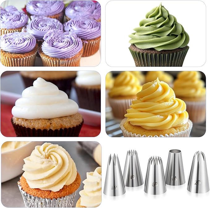 5 Pcs Cake Piping Tips, 1M 4B 6B 2D 1A frosting tips Stainless Steel Cakes Decorating Tip Set Large Piping Nozzles Baking Tools for Buttercream Icing Birthday Cake Cupcake DIY Art