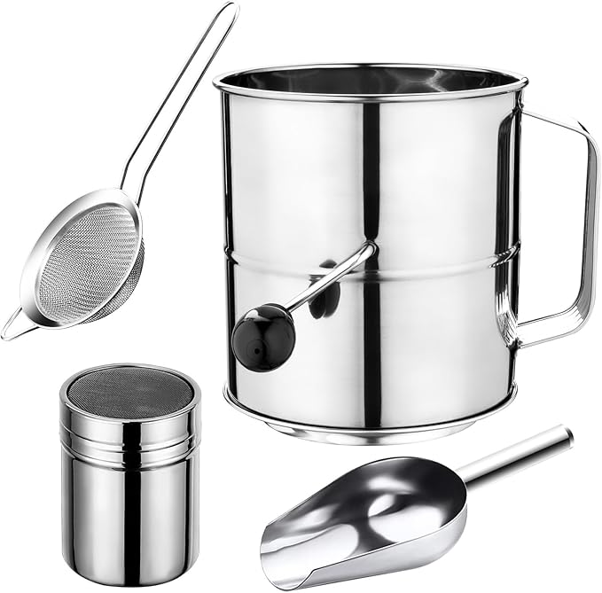 Flour Sifter, 8 Cup Stainless Steel Flour Sifters, 4 in 1 Baking Sifter Set with Powder Sugar Shaker Duster, Strainers Fine Mesh and Metal Scoop for Baking Cake, Pastries, Pies, Cupcakes, Desserts