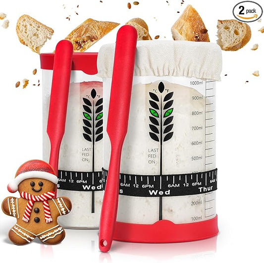 Sourdough Starter Jar Kit 2Pack, 40OZ Large Sourdough Starter Kit With Thermometer Strips & Scraper, Sourdough Bread Baking Supplies–A Perfect Sourdough Bread Starter Kit for Beginners to Expert