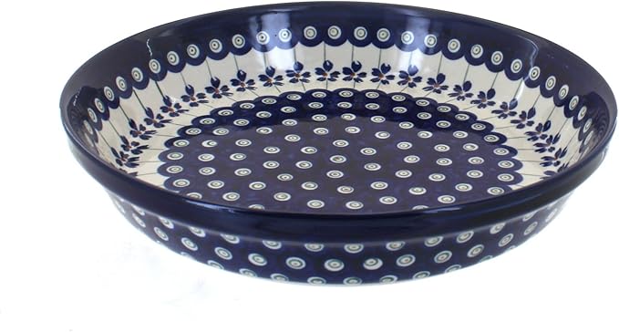 Blue Rose Polish Pottery - Blue Flowering Peacock Pie Plate - 9.75" Diameter - Ceramic Baking Dish, For Pies, Quiches & Desserts