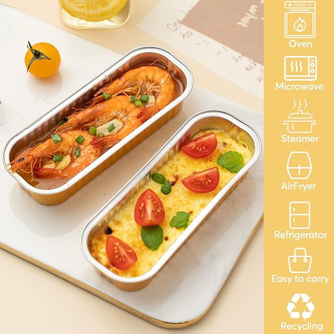 Ruckae 100 Pack Mini Loaf Pans with Lids and Spoons Disposable Aluminum Tin Foil Pans Rectangle Mini Loaf Cake Pan for Baking,Party,Picnics,Gifts (Gold)