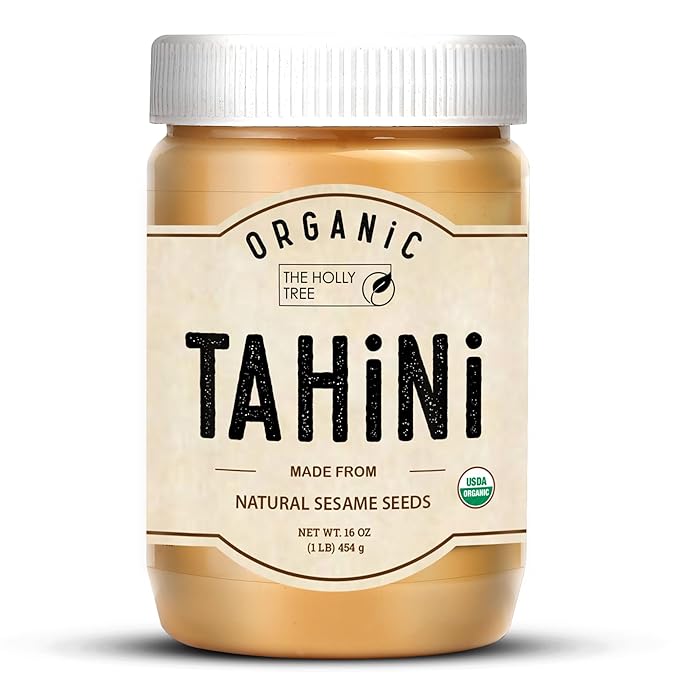 Organic Tahini Paste 16 oz (1lb) - Unhulled White Sesame Tahini Dressing - USDA Certified, Gluten Free, Kosher - Creamy Organic Tahini Sauce for Dressigns, Dips, Spreads & Hummus - The Holly Tree