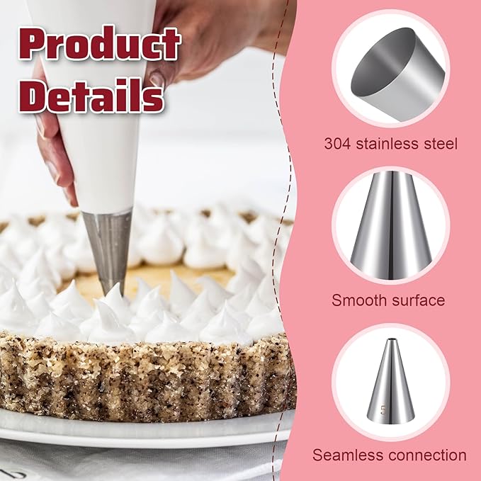 Bewudy 7 Pcs Round Hole Piping Tips Set, Stainless Steel Cupcake Frosting Nozzles Tool Professional Cake Decorating Tool for Baking Cookies Puff Doughnut Cream Bag Filler