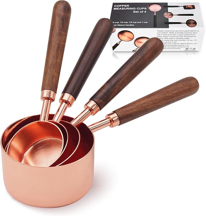 SHIKORI Gold Measuring Cups and Spoons Set with Wood Handles, Premium Stainless Steel Measuring Spoons and Measuring Cups Set, For Cooking and Baking in the Kitchen-Rose Gold-4Cups