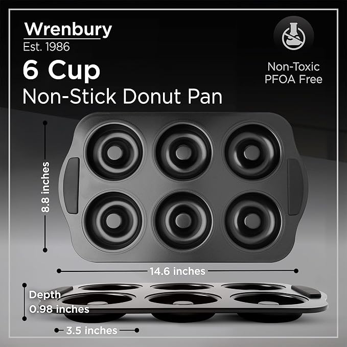 Wrenbury Donut Pan for Baking 6 Cup Jumbo Set of 2 - Non Toxic Large Doughnut Mold Baking Tray - Carbon Steel Bagel Molds - 3.5” Cup - Easy Clean