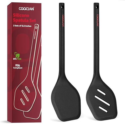 Silicone Spatula Set (BPA-Free), 600°F Heat Resistant Spatulas for Non-Stick Pans, 2 Pack Solid & Slotted Silicone Turner, One-Piece Cooking Spatula Turners for Kitchen Use, Black