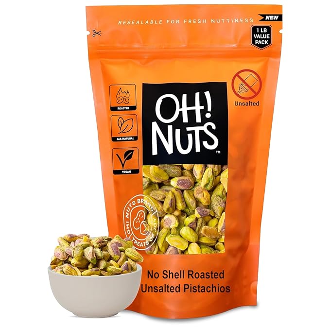 Oh! Nuts Pistachios No Shell - Roasted Unsalted - 1 lb - Shelled California Pistachios - Packed in New York Zip-Seal Bag for Exceptional Freshness
