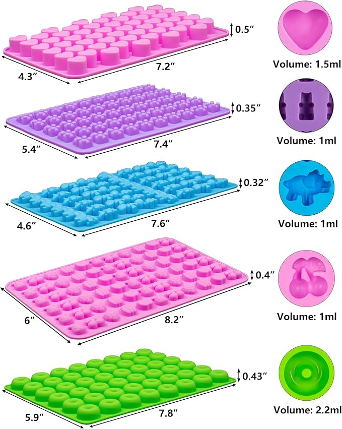 5 PCS Gummy Candy Molds Silicone, Food Grade Non-Stick Gummy Bear Mold Mini Fruit Snacks Molds BPA Free with 2 Droppers Including Mini Dinosaur, Bear, Heart, Fruit and Donut (Multicolor)