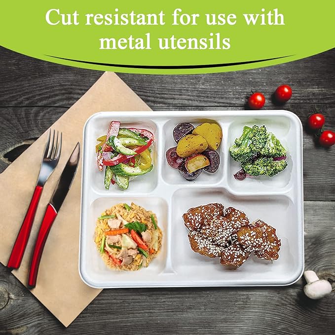 three leaf 5 COMPARTMENT BAGASSE (SCHOOL) TRAY 500 Ct. Heavy-Duty- Super Strong- Natural- Eco-Friendly Disposable Bagasse Plates, 100% Biodegradable 5 Compartment meal Plates